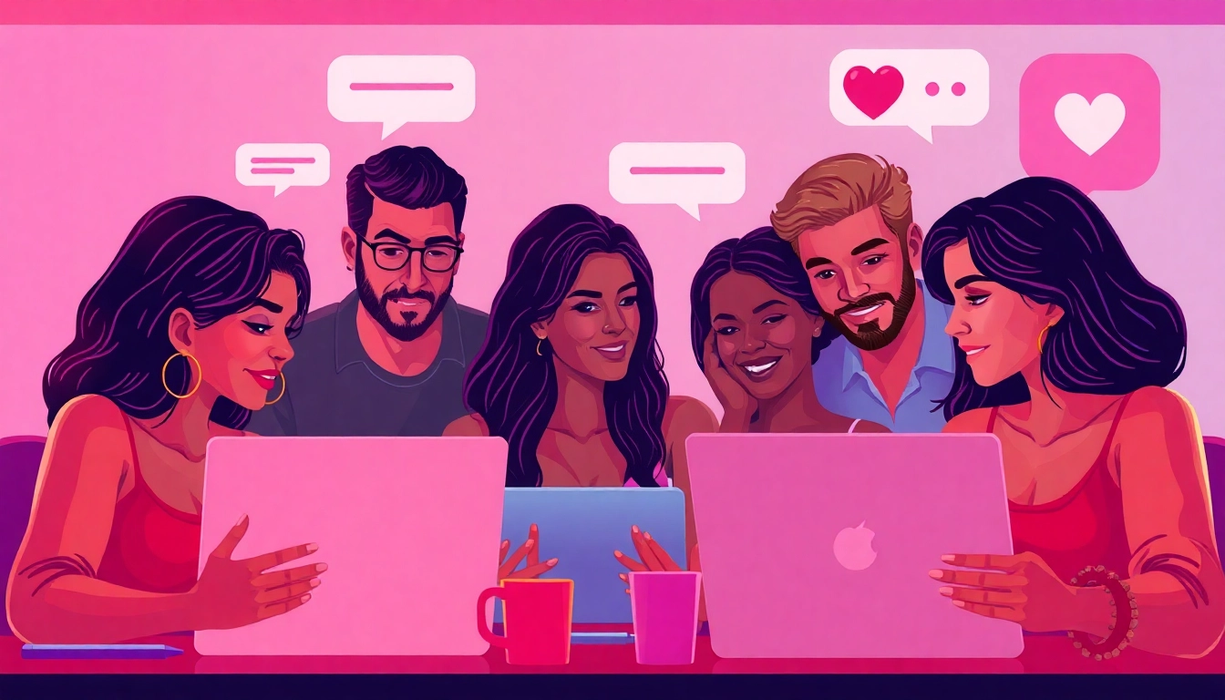 Engaging sex chat environment with diverse individuals interacting online, showcasing modern technology and intimacy.