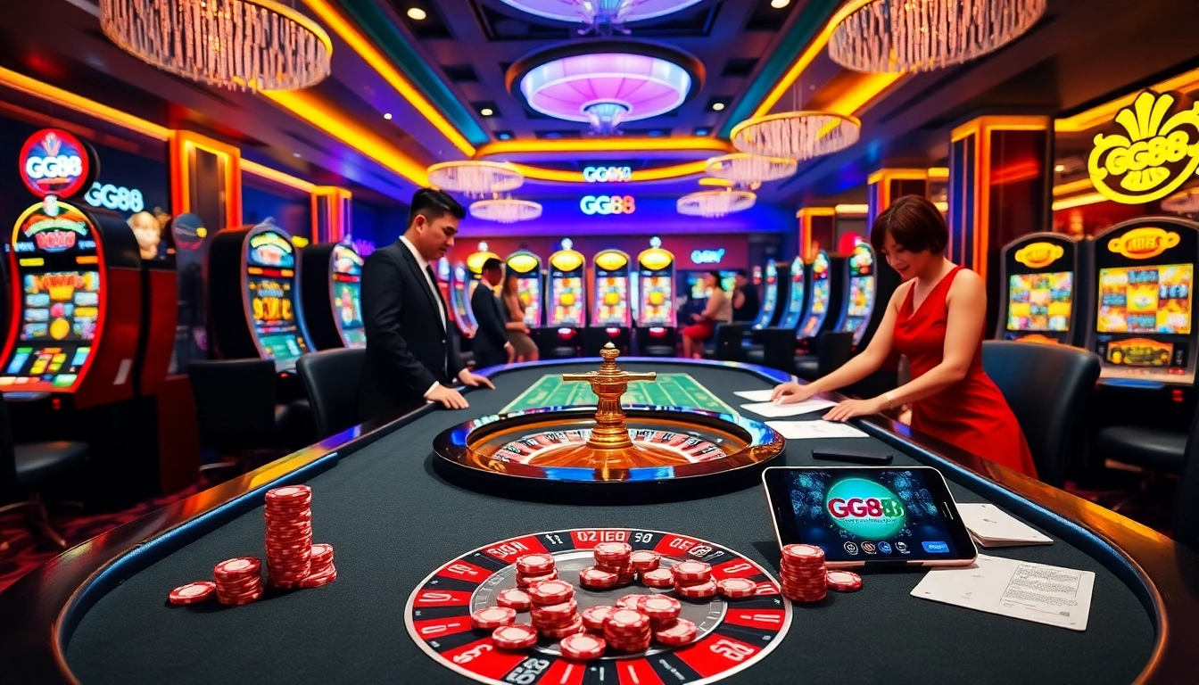 Experience high-stakes gaming at the GG88 casino with vibrant tables and colorful slot machines.