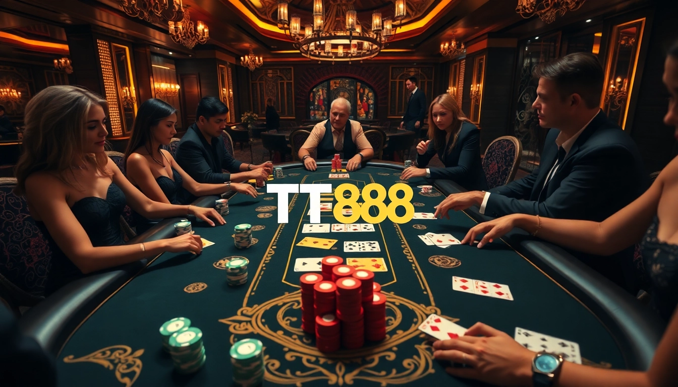Players enjoying a thrilling poker game at TT88, showcasing luxury and excitement in the casino atmosphere.