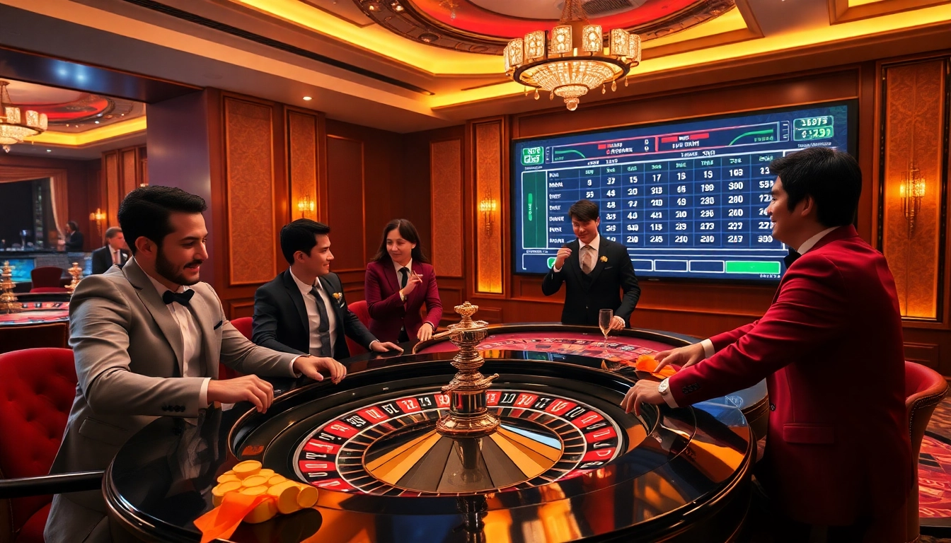 An exciting casino scene at https://topclub.website/, featuring players at a roulette table celebrating a win.