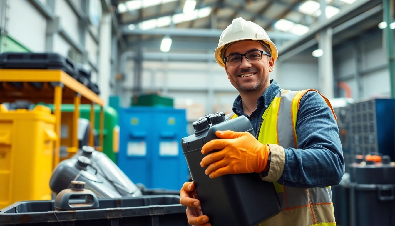 Batterietanks entsorgen durch einen lächelnden Arbeiter in einer umweltfreundlichen Recyclingeinrichtung.