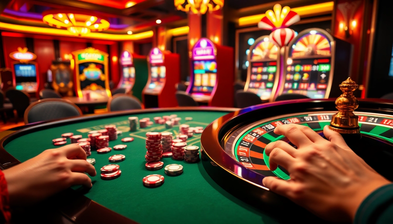 Players experiencing the excitement of gambling at GG88 COM online casino tables with vibrant colors.