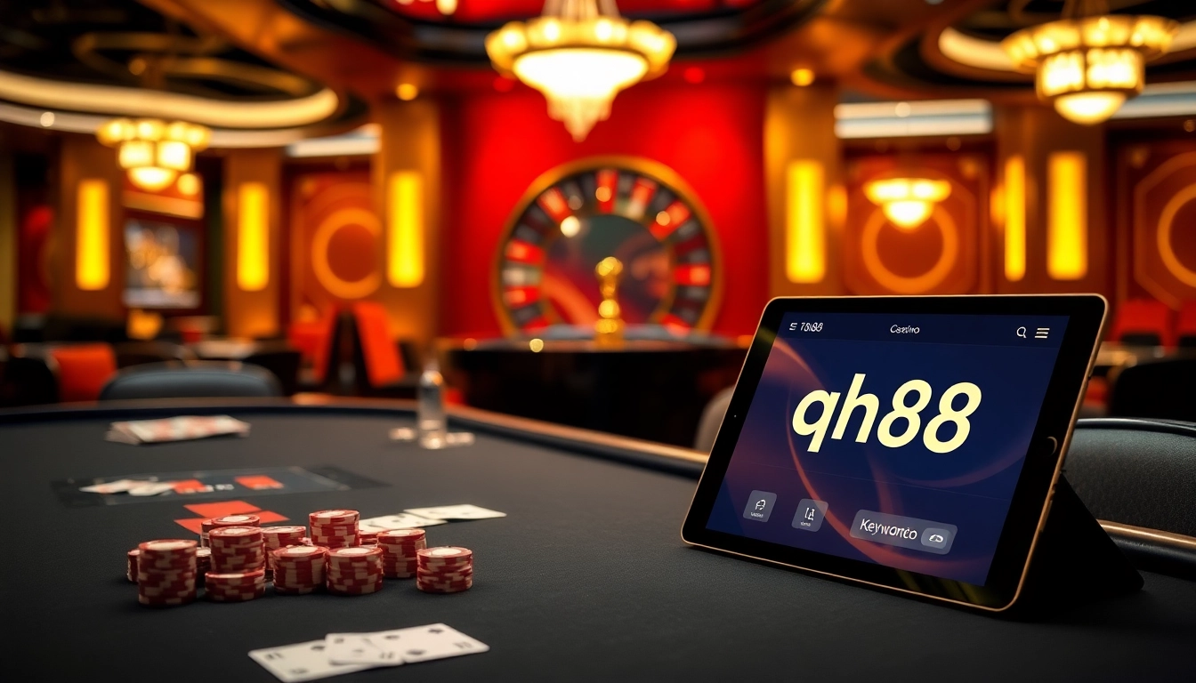 Exciting gambling scene with qh88 showcased on a sleek tablet amidst a luxurious casino setting.