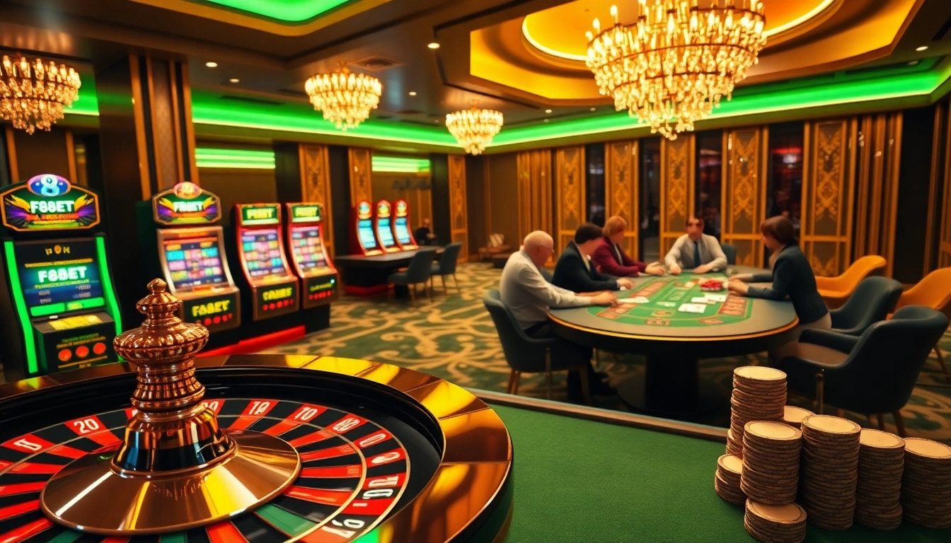 Players enjoying an exciting game scene at F8BET casino, featuring roulette and poker tables.