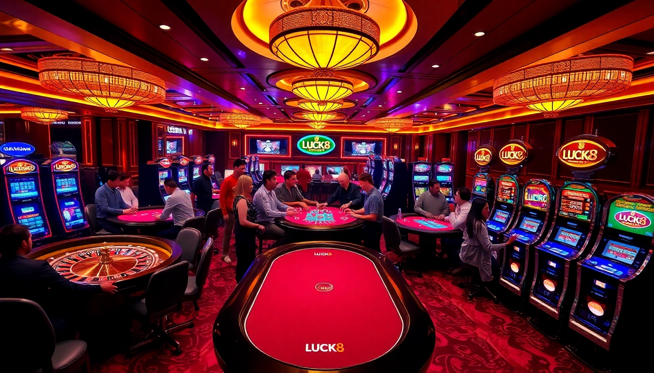 Người chơi casino LUCK8 tận hưởng những trò chơi thú vị tại các bàn chơi sôi động và máy đánh bạc trong một không gian thanh lịch.