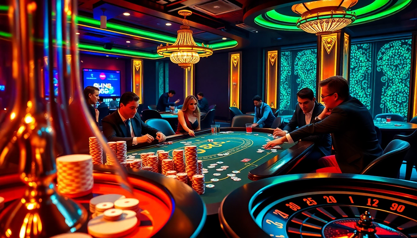 Cảnh chơi poker căng thẳng có các chip JD88 trên bàn tại một casino sang trọng