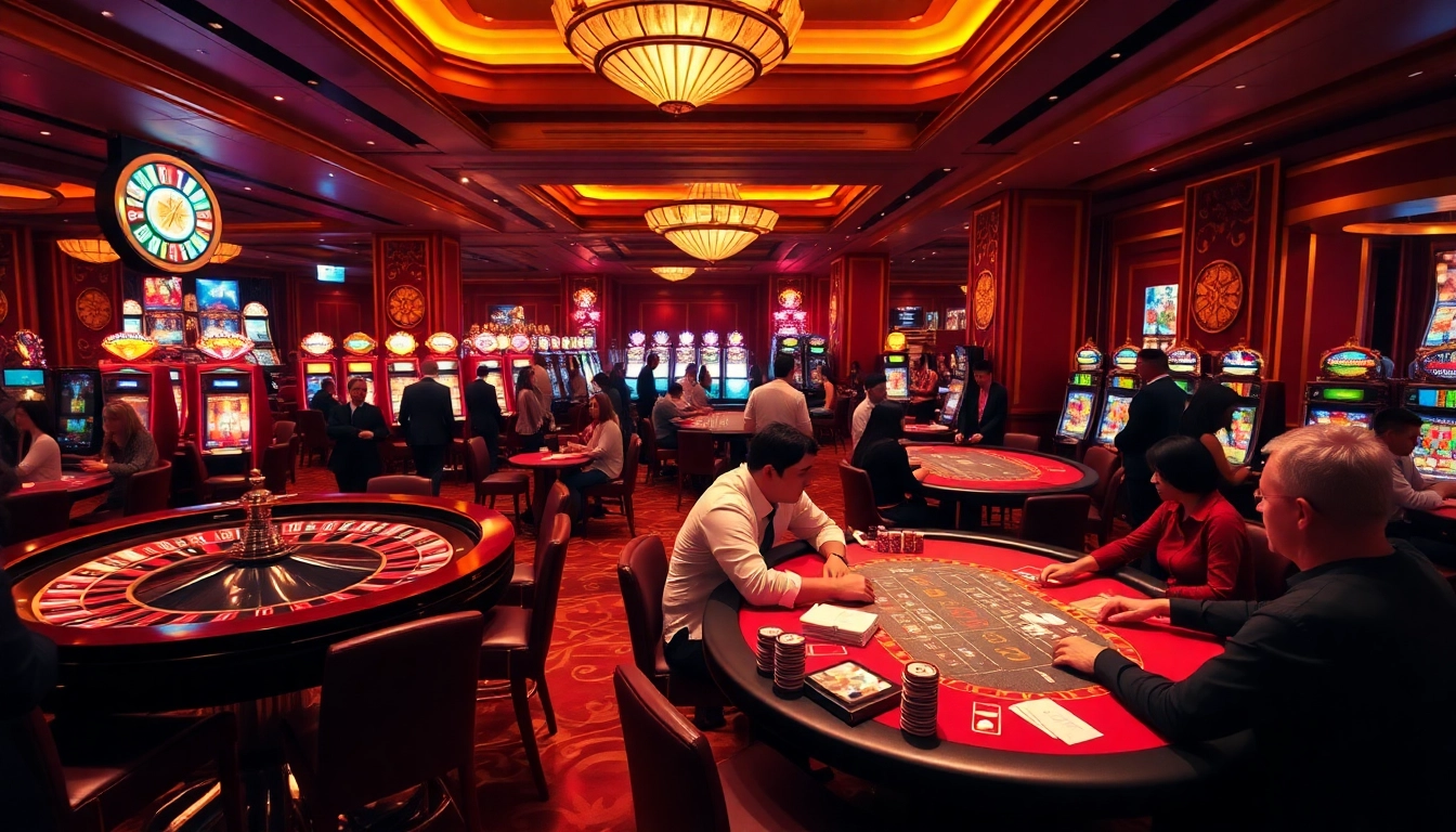Experience the thrill of gaming at https://mm88.press/ with an elegant casino scene filled with vibrant tables and players.