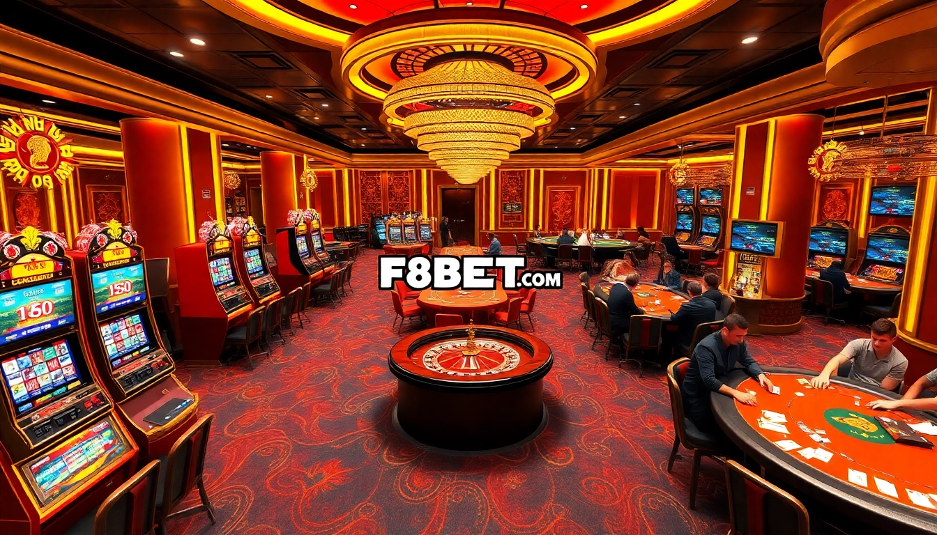 Players enjoy exciting games at F8BET.COM casino with colorful tables and vibrant atmosphere.