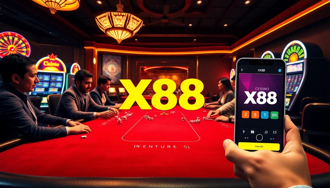 X88 casino players enjoying a thrilling game experience at a luxurious gambling table.