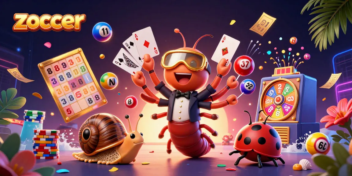 Zoccer showcases a vibrant lottery scene with colorful balls, a millipede dealer, and high-roller excitement.